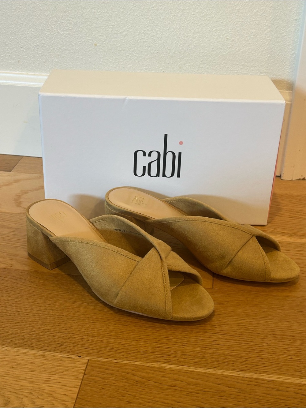 CAbi Tan/Mustard Suede Crossover Open-Toe Block Heel Mules